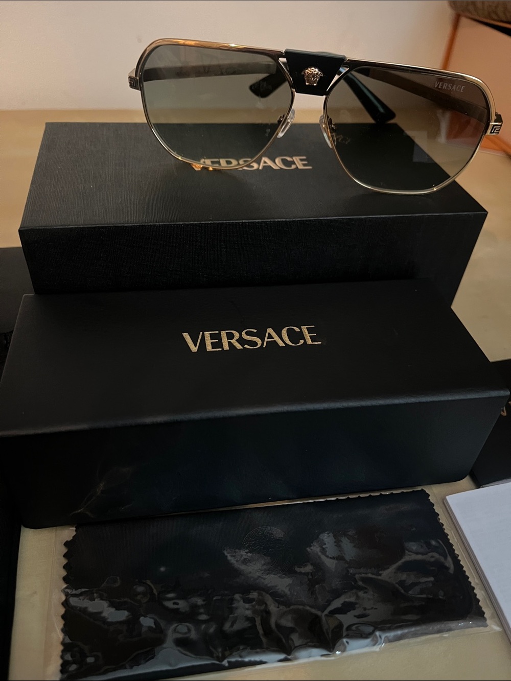 Brand New Versace Gold Frame Sunglasses with Black Bridge and Green Lenses